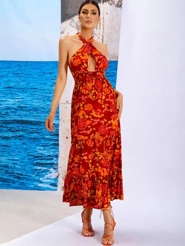 Plum Flower Backless Halter Mini Dress