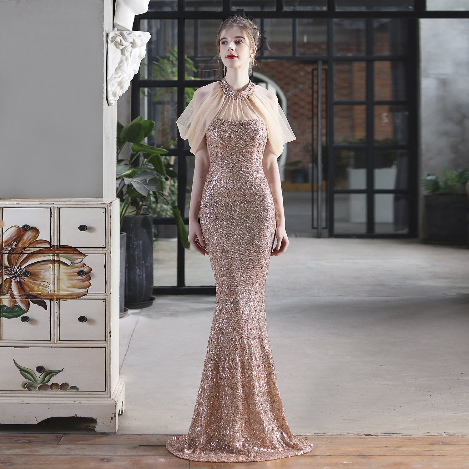 Sequin Mesh Toast Dress Bride Extended Appreciation Dinner Halter Fishtail Wedding Car Model Exhibition Dress