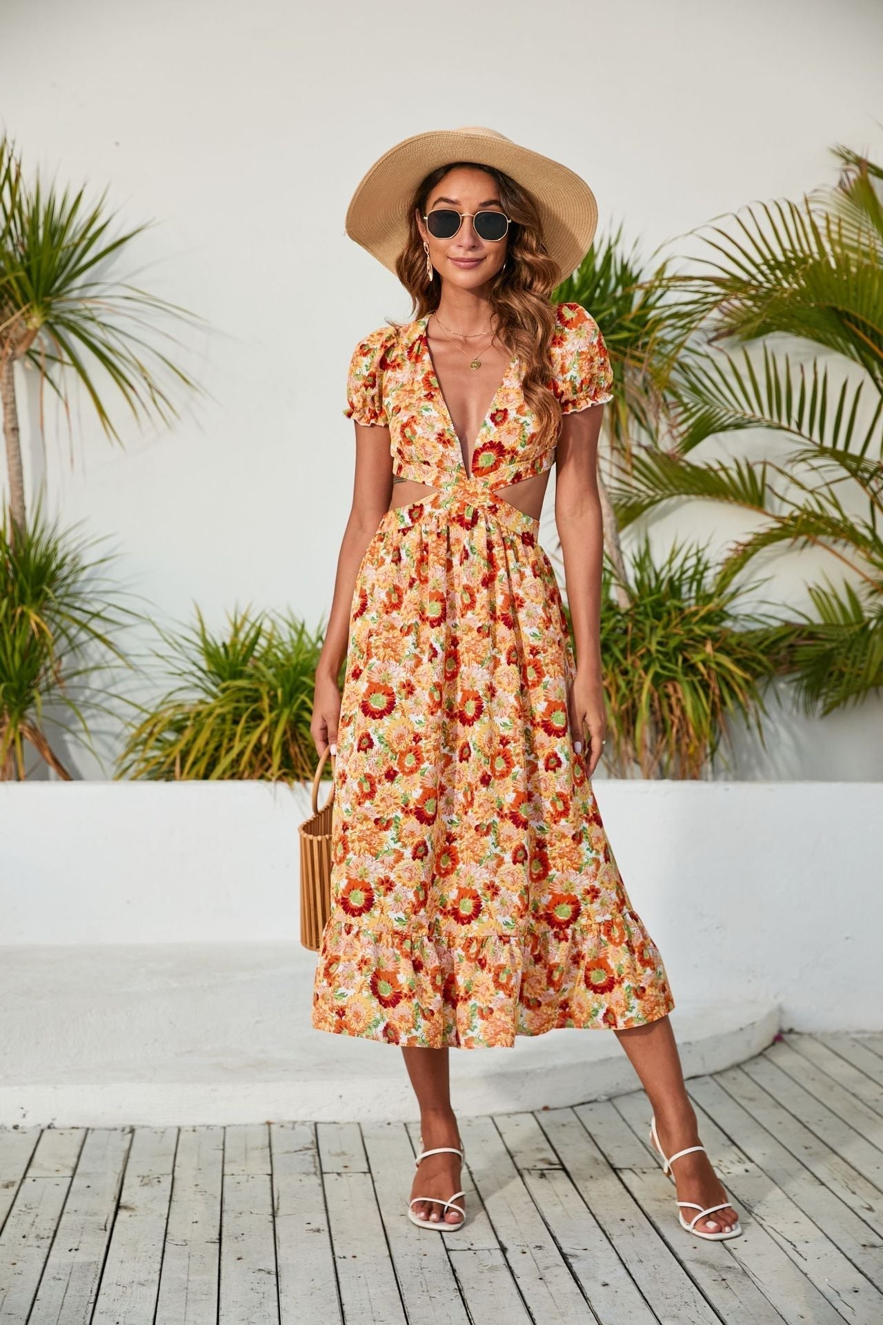 Neck V Printed Dress Backless Midi Dress