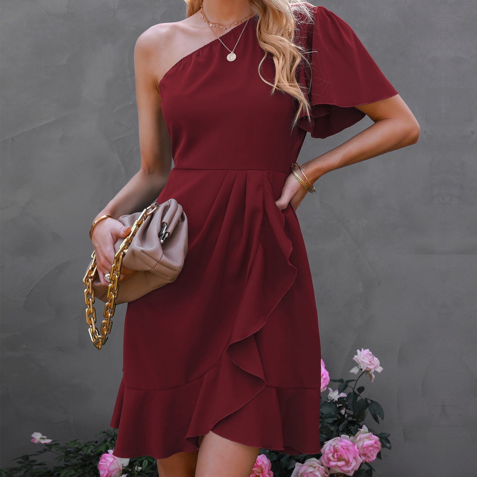Satin Kaine One Shoulder Ruffle Dress Red FINAL