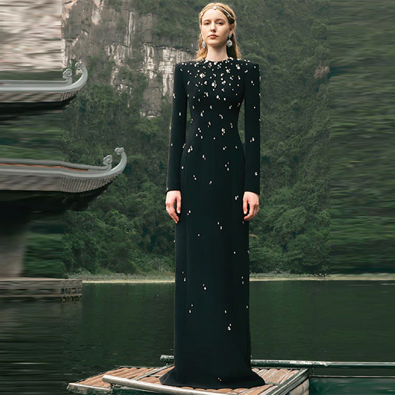 Refined Heavy Industry Beads Diamond Long Sleeve Dress Formal Dress