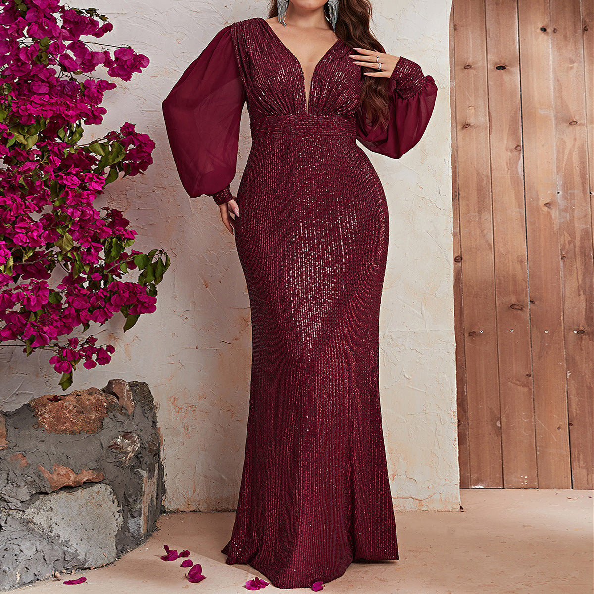 Plus Size Sequin Stylish Dress Sequin Long Sleeve V neck Prom Party Dress Fishtail Dress