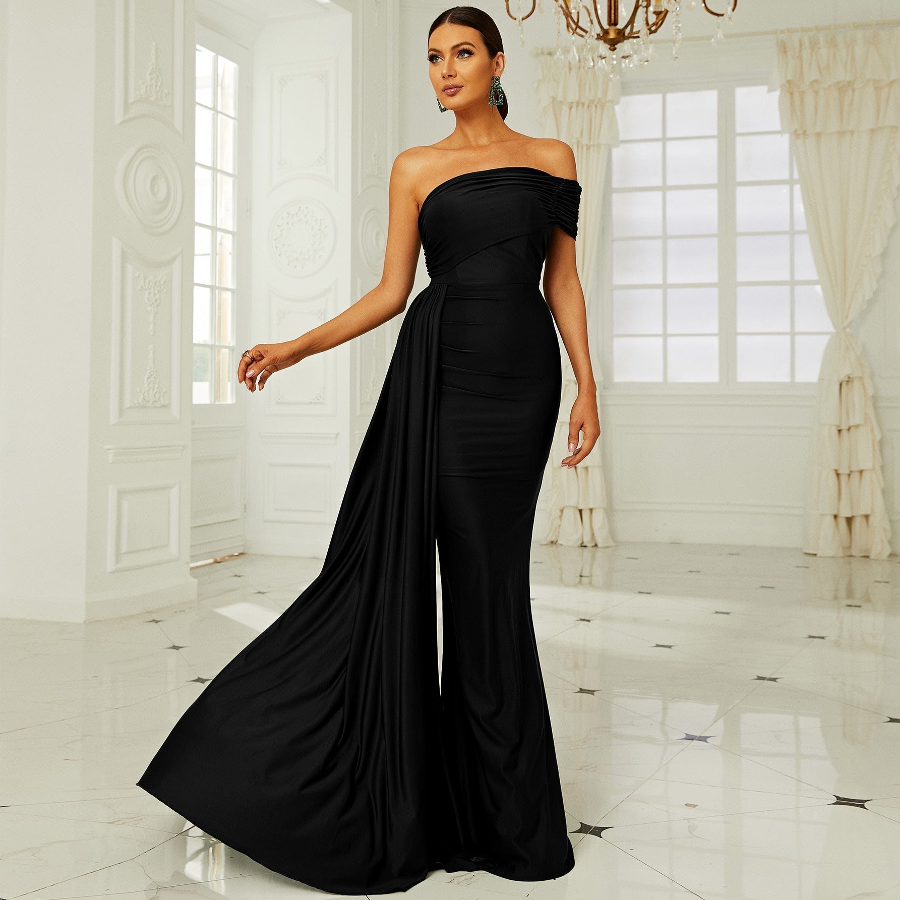 Chest Wrapped Sophisticated Boat Neck Long Cocktail Hip Wrapped Ribbon Evening Dress Bridesmaid Dress Dress