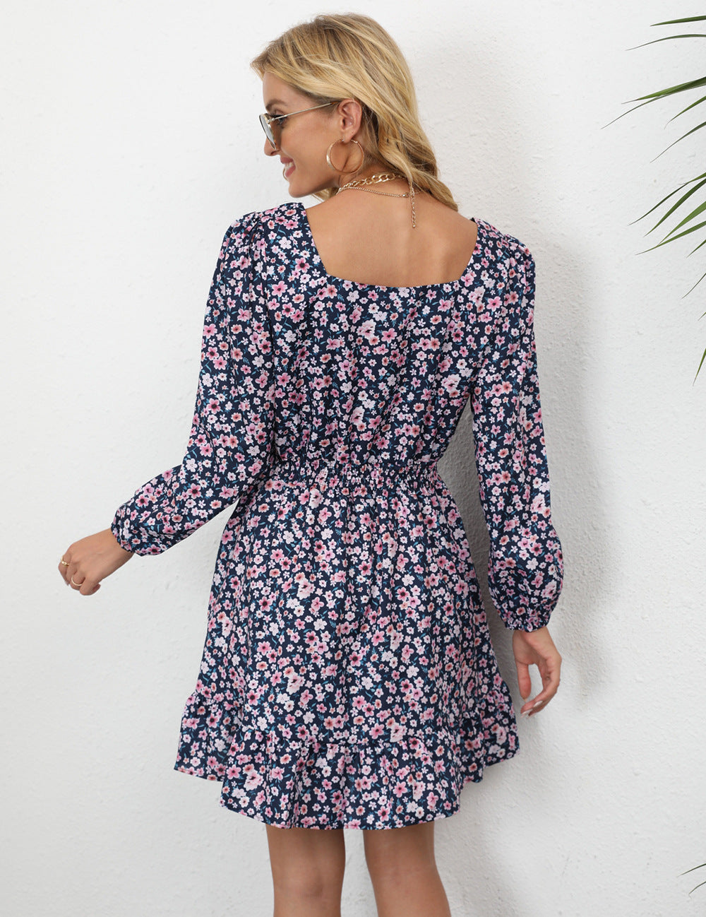 Printed Emilia Square Neck Mini Dress Navy Specks
