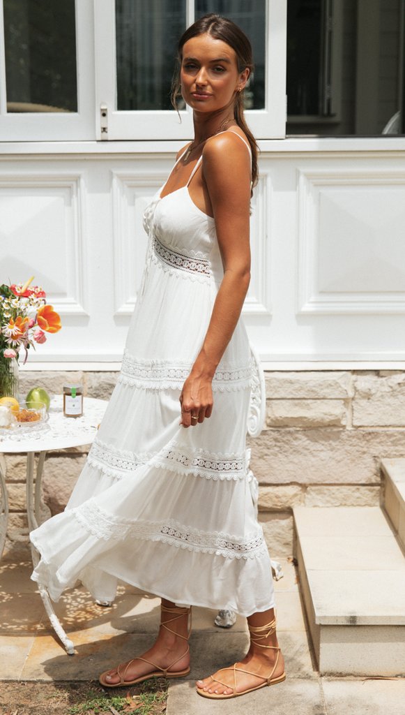 Light Desert Crochet Lace Tiered Midi Dress