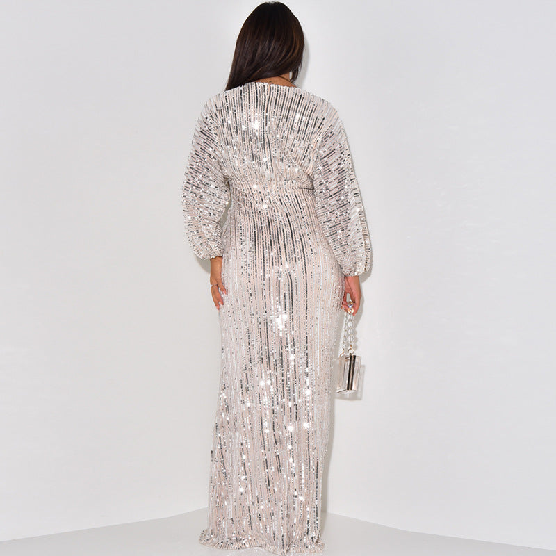 Women Dress Dress Sequined Long Sleeve V Neck Attractive Sequin Maxi Dress