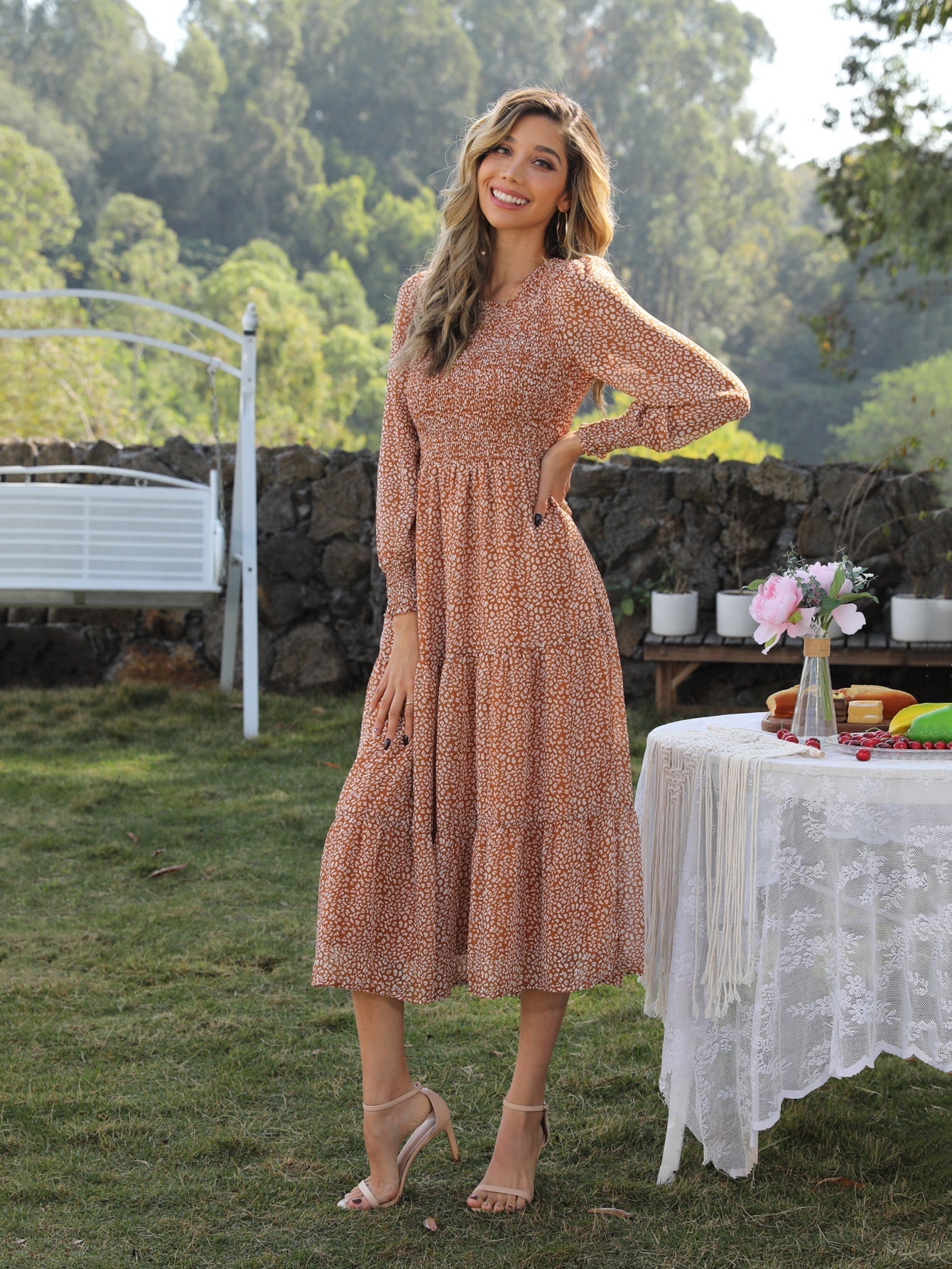Devyn Botanical Ruffle Midi Dress