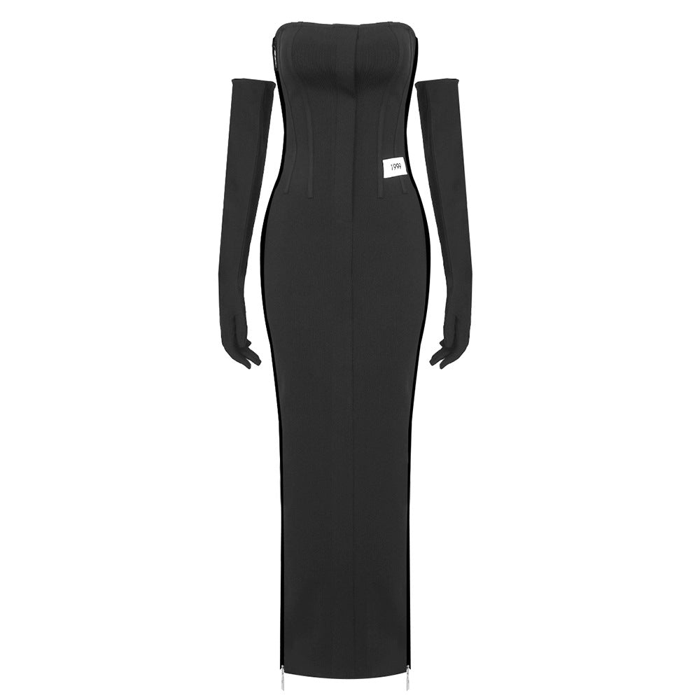 Strap Black Long Zipper Dress Gloves Dress