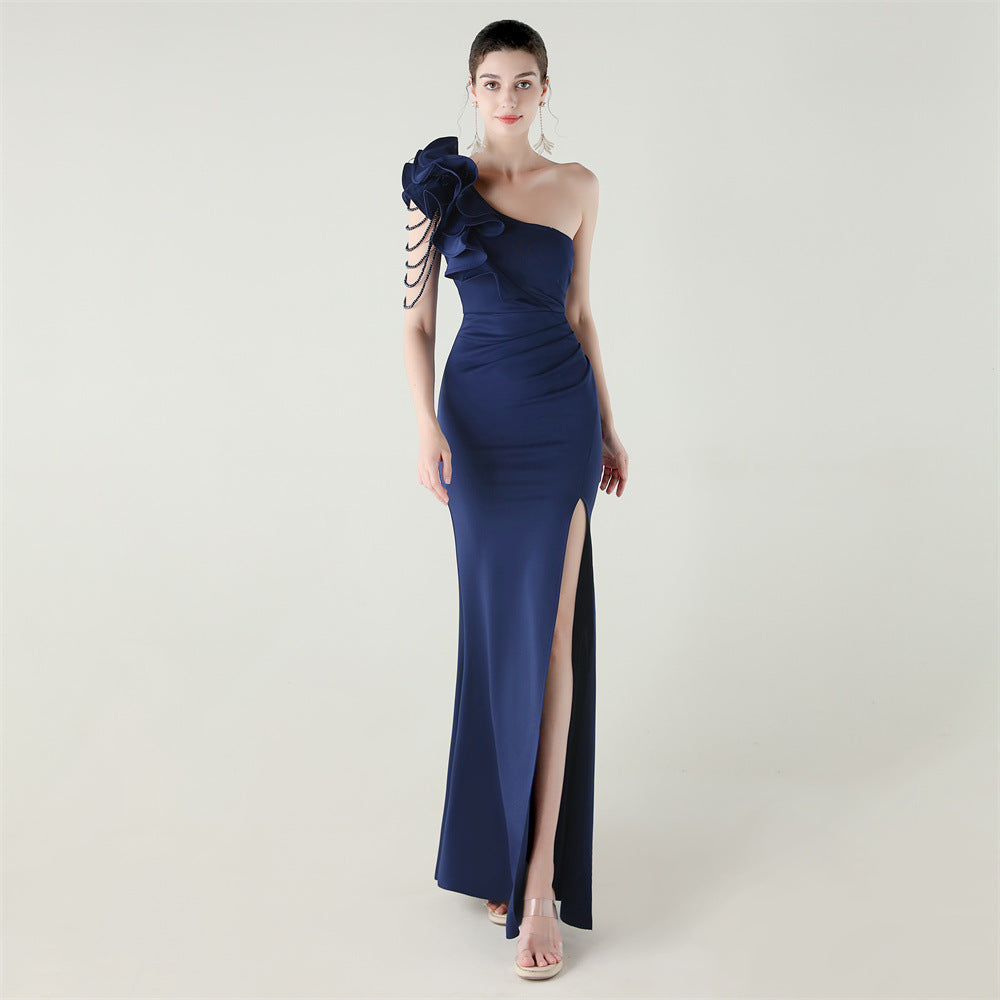 Single Shoulder Craft Beaded Nail Hair Wave Flower Satin High Slit Sexy Evening Dress Evening Cocktail Wedding