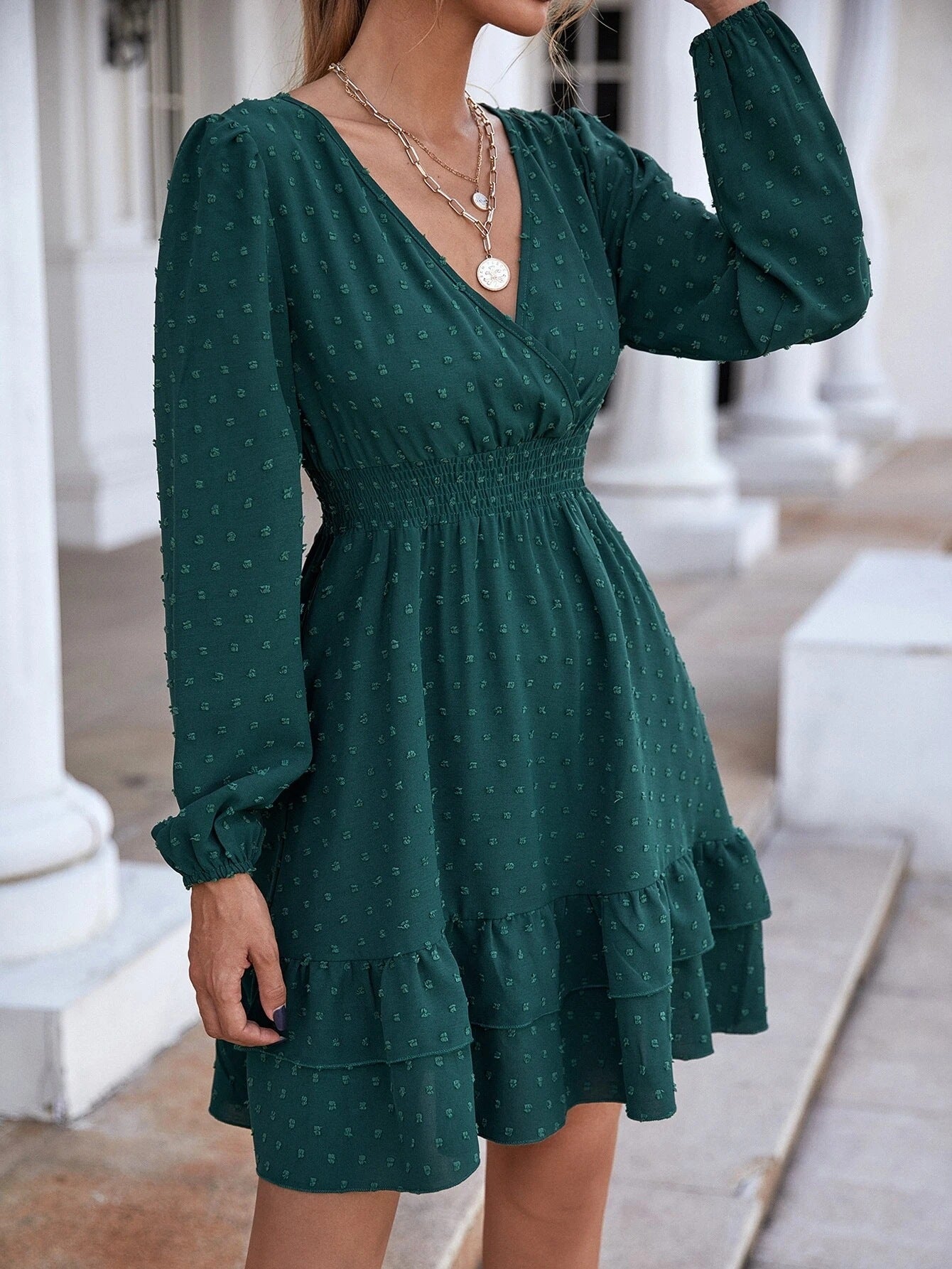 Satin Samar Embossed Cowl Neck Dress Hunter Green