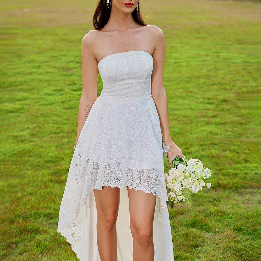 Graceful Casual Dress Tube Top Lace Ruffled Vacation Wedding Dress