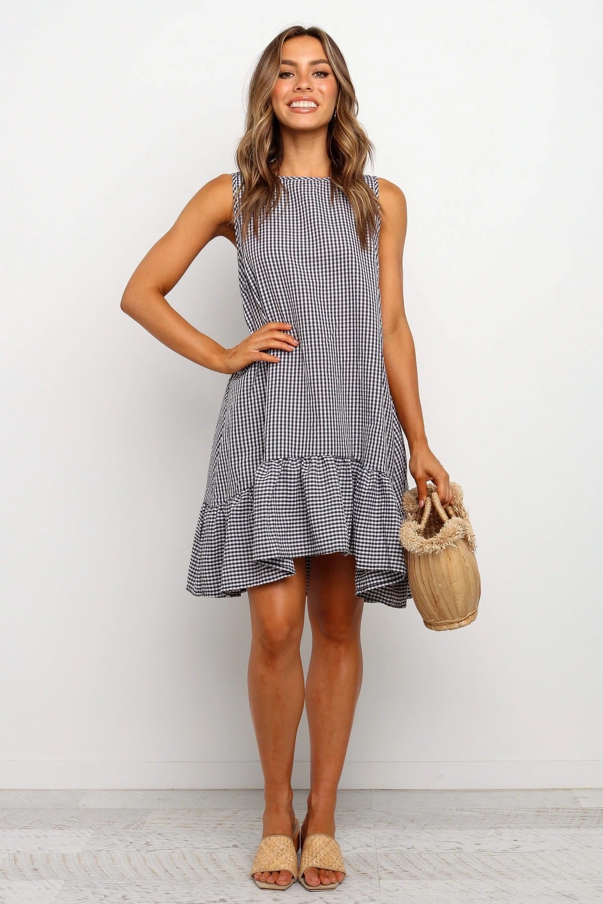 Pocketed Virna Gingham Tiered Babydoll Dress Black