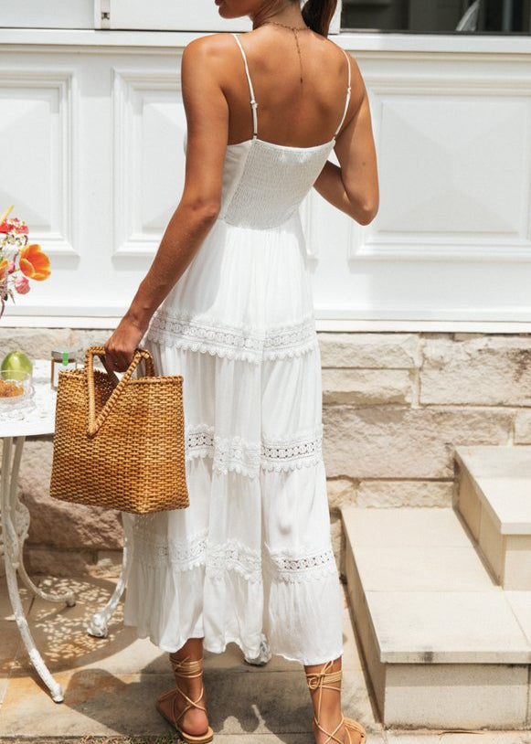 Lace Aurelia Trim Maxi Dress White Smocked Sundress with Adjustable Straps