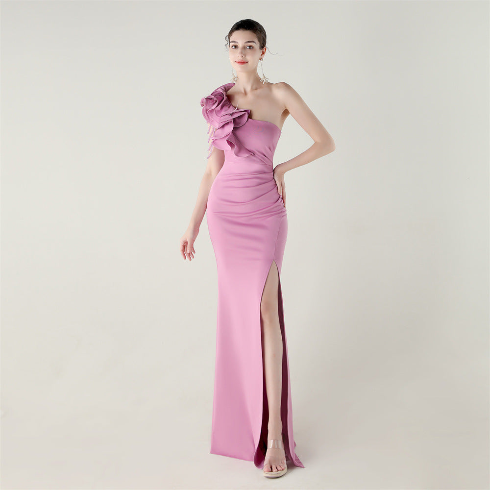 Single Shoulder Craft Beaded Nail Hair Wave Flower Satin High Slit Sexy Evening Dress Evening Cocktail Wedding