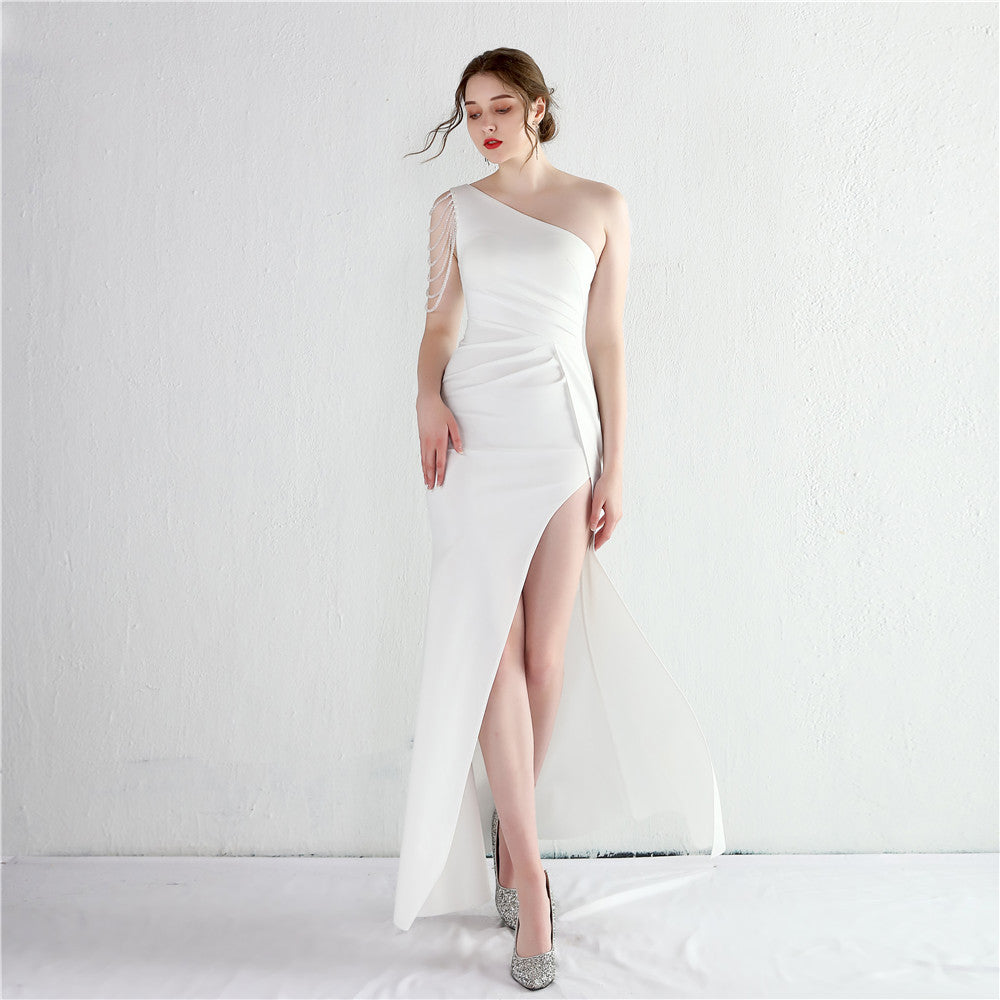 Satin Beaded Extended One Shoulder Debutante Gala Dinner Slim Fit Fishtail Dress Wedding Car Model Exhibition Dress