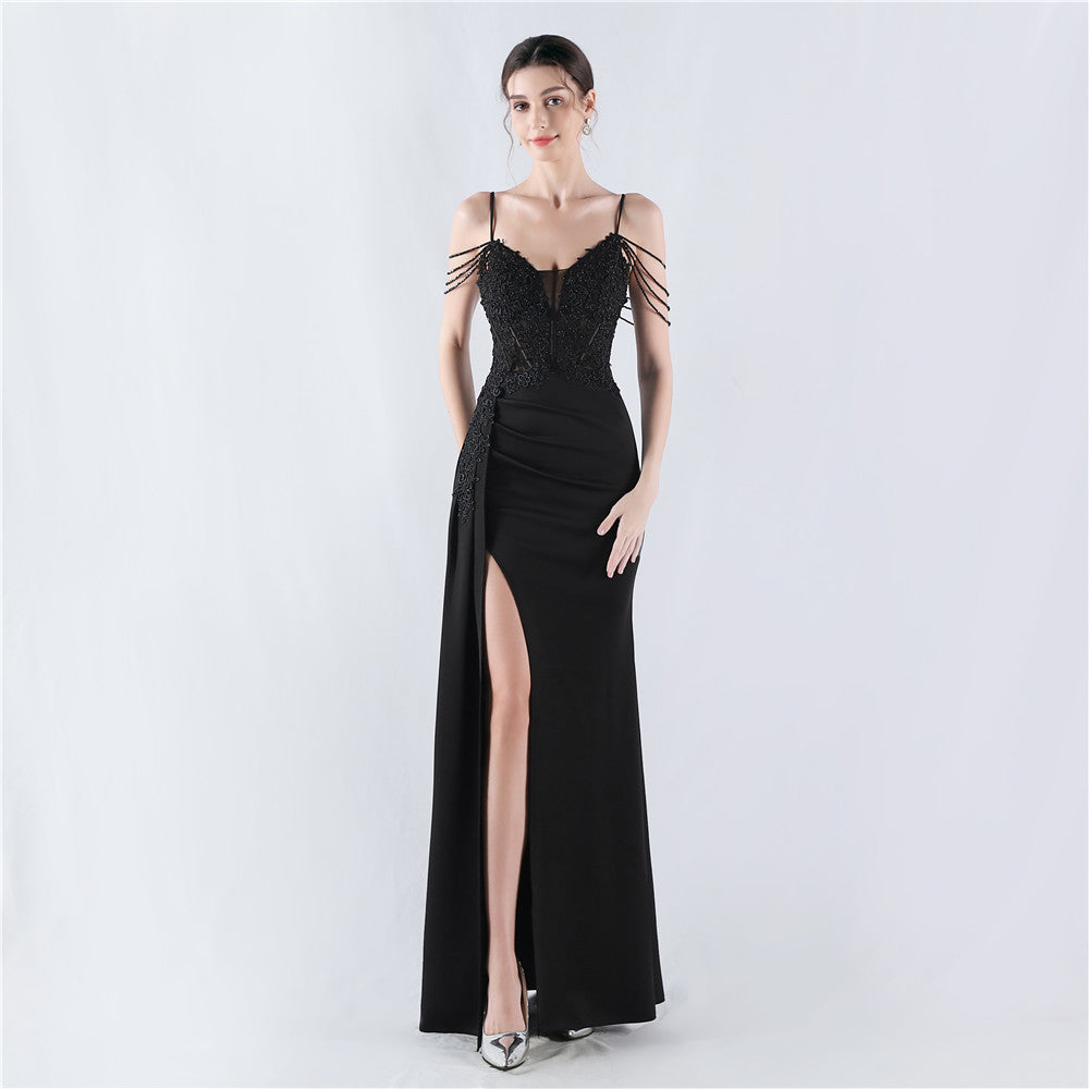 Dress Heavy Embroidery Drilling Order Flower Waist Boning Corset Beaded Satin Evening Dress Annual Meeting Wedding