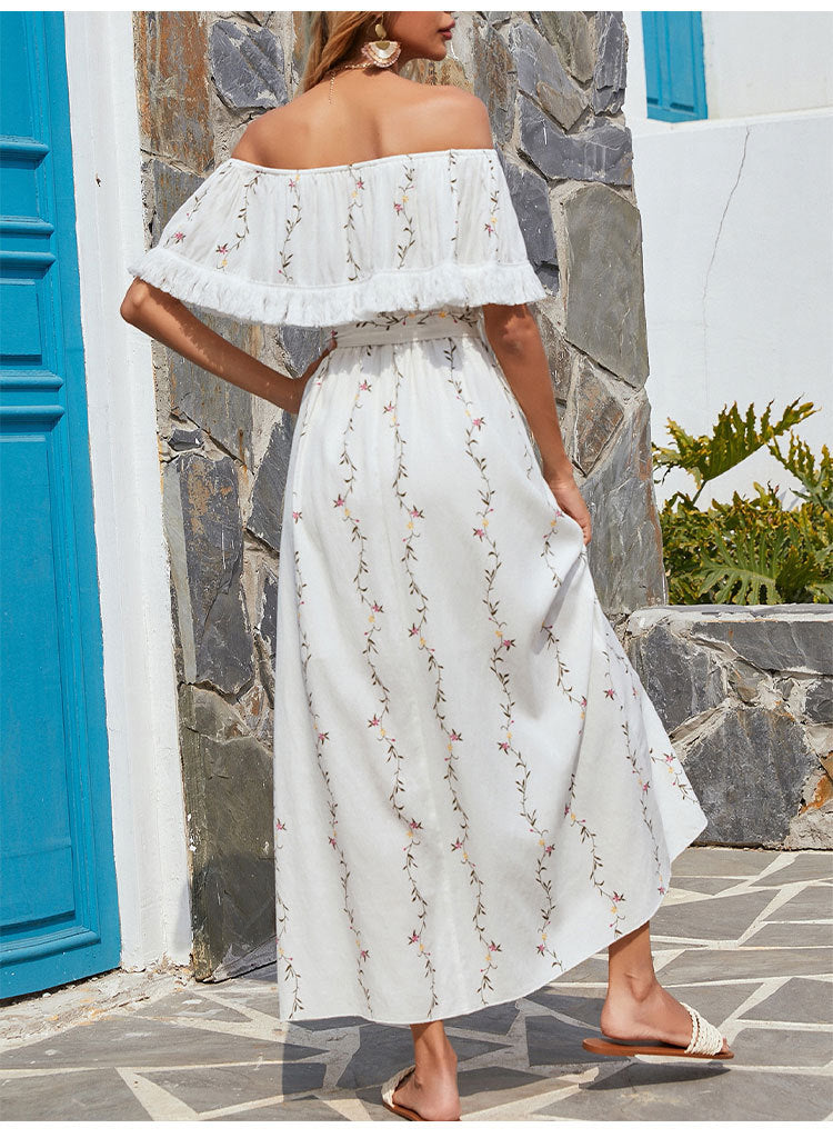 Embroidered Villa Off The Shoulder Chiffon Midi Dress