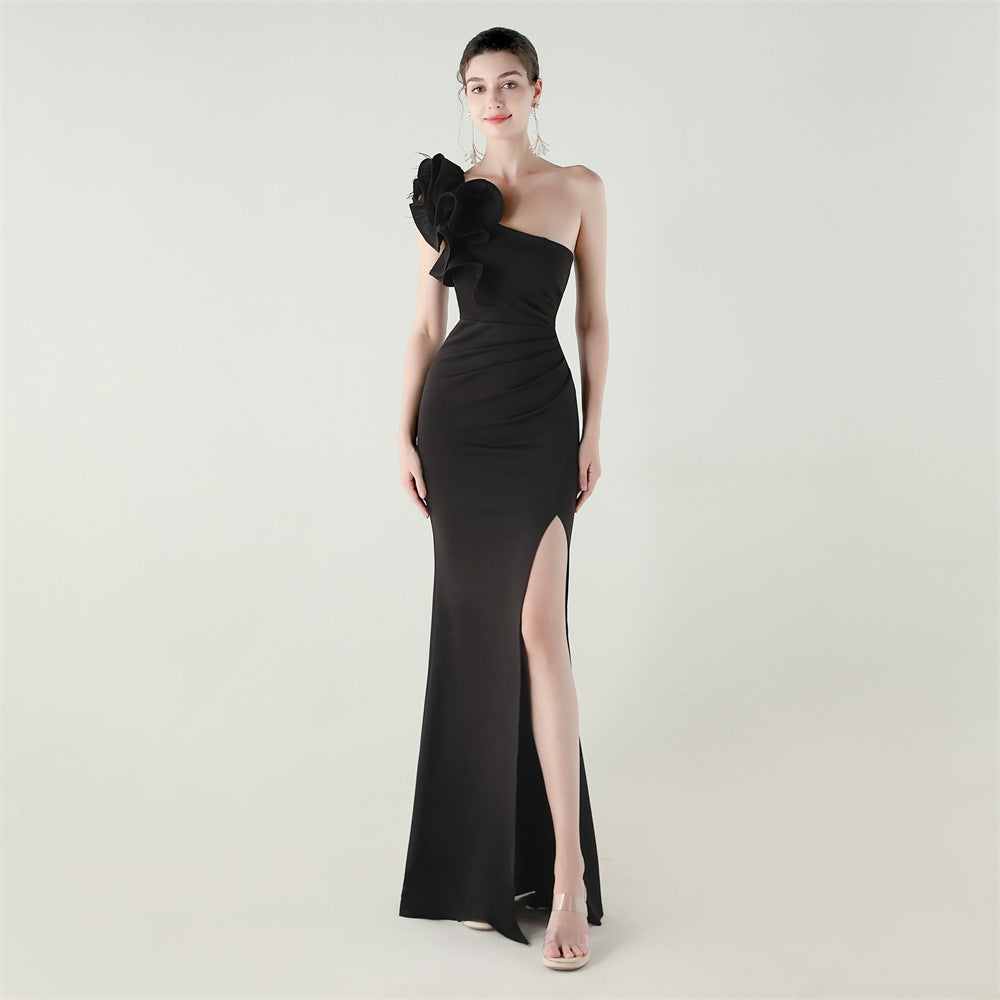 One Shoulder Craft Wave the Craft of Design Gross Satin High Slit Chic Evening Dress Dinner Party Wedding Social Networking