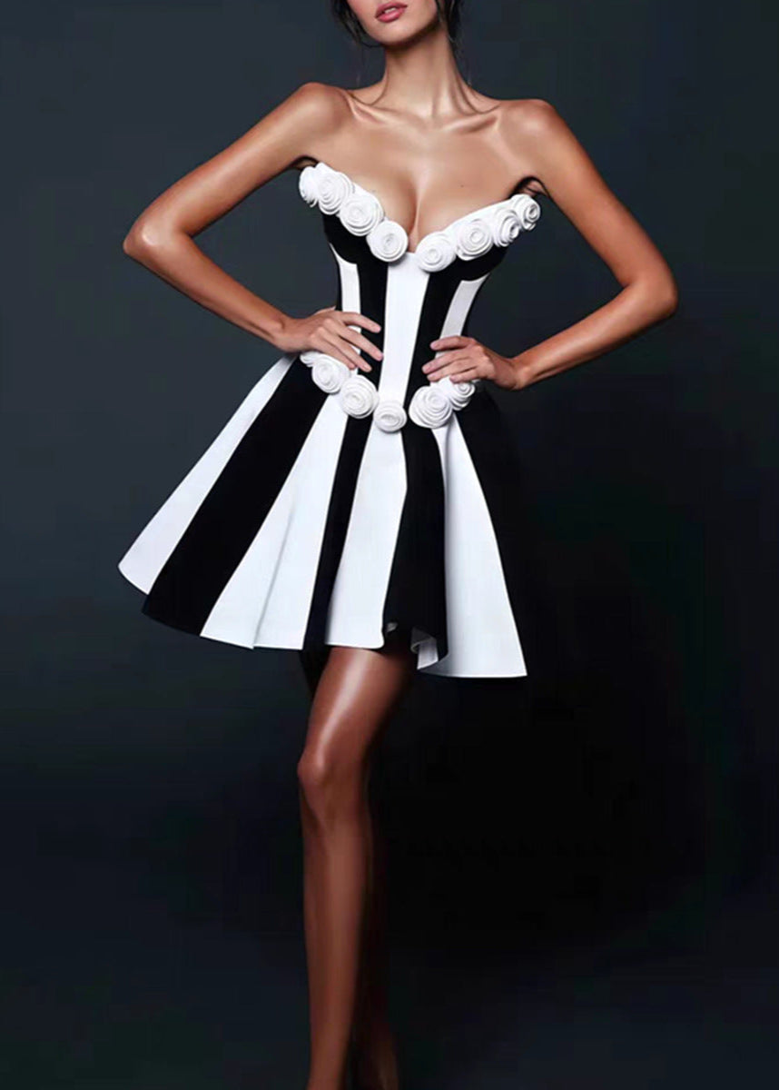 Strapless Monet Rosette Mini Dress Black & White Sculpted Fit-and-Flare