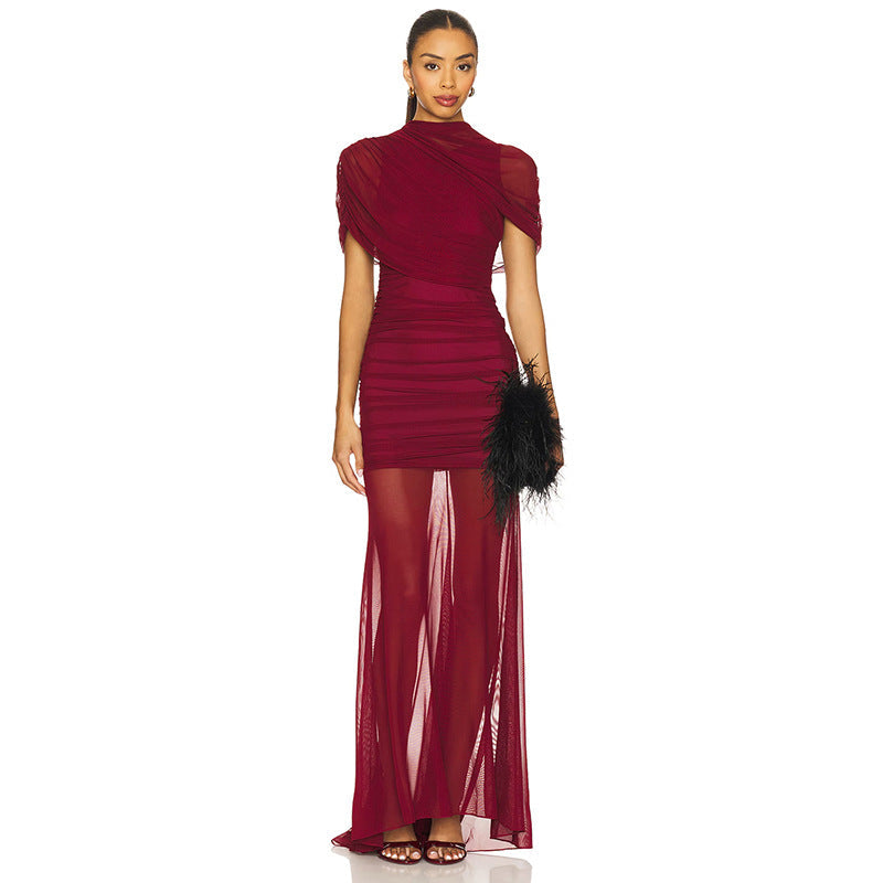 Women Clothing Summer Solid Color Mesh Stitching Short Long-Sleeved Pleated Trailing Slim Fit Maxi Dress