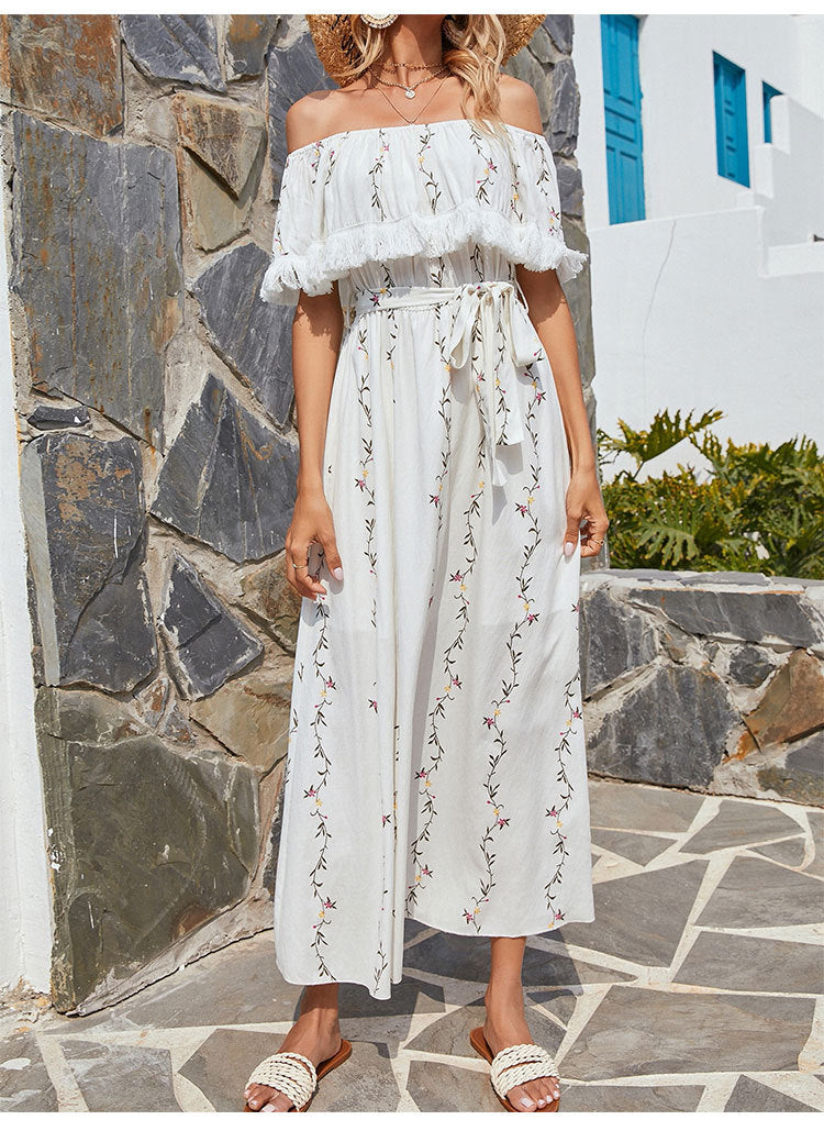 Embroidered Villa Off The Shoulder Chiffon Midi Dress