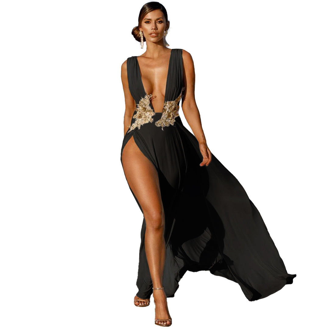 New Ladies Maxi Dress Chic Fashion Wedding Evening Dress Deep V Plunge Plunge High Slit Part Large Swing Mop Dress