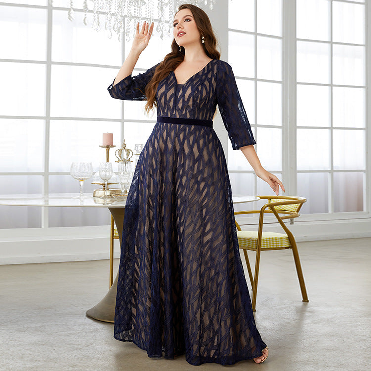 Evening Dress plus Size V neck Lace Embroidered Mid Long Sleeve Big Hem Graceful Dance Dress Party Dress Summer