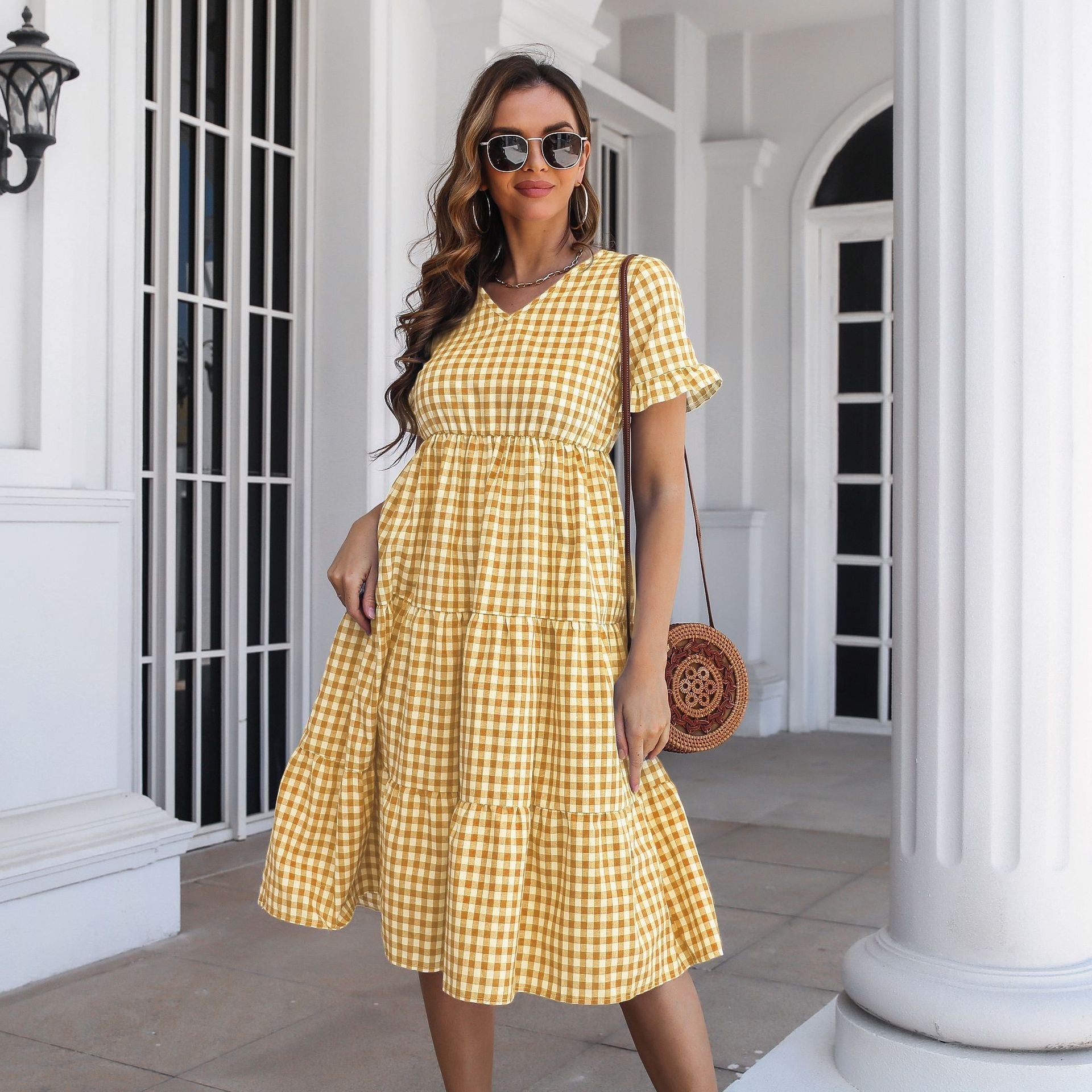 Pocketed Bonny Gingham Tie Front Babydoll Dress Yellow