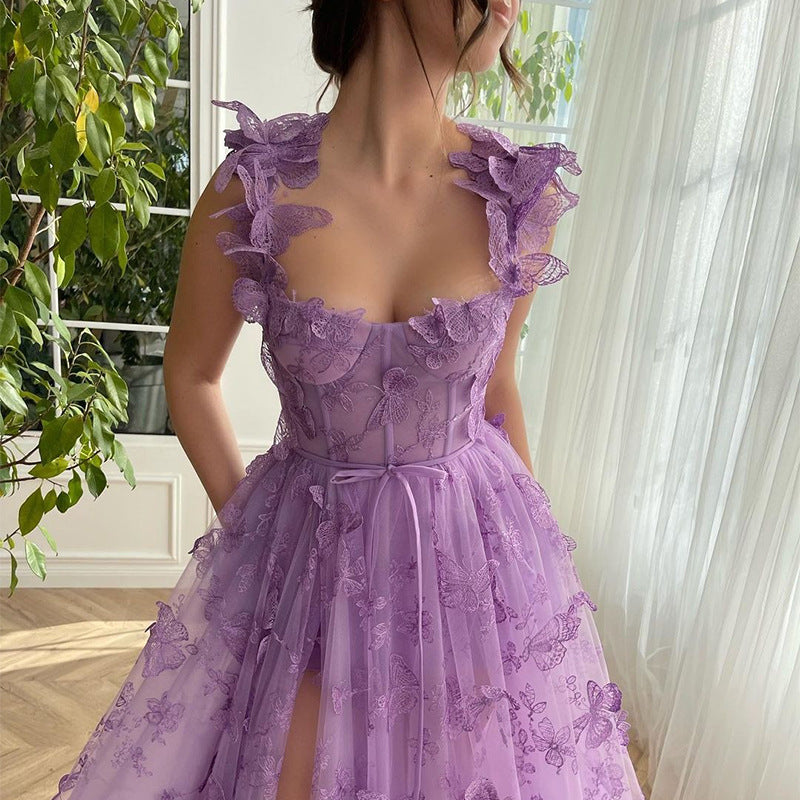Women Wedding Dress Tulle Spaghetti Straps Sleeveless High Slit Bridal Celebration Beach Dress