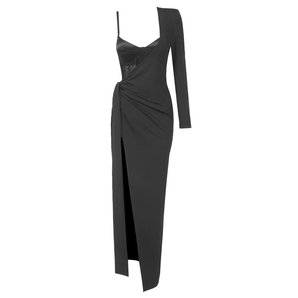 Stitching High Slit Shoulder Formal Dress Sling Vest Two Piece Set Relaxed Set