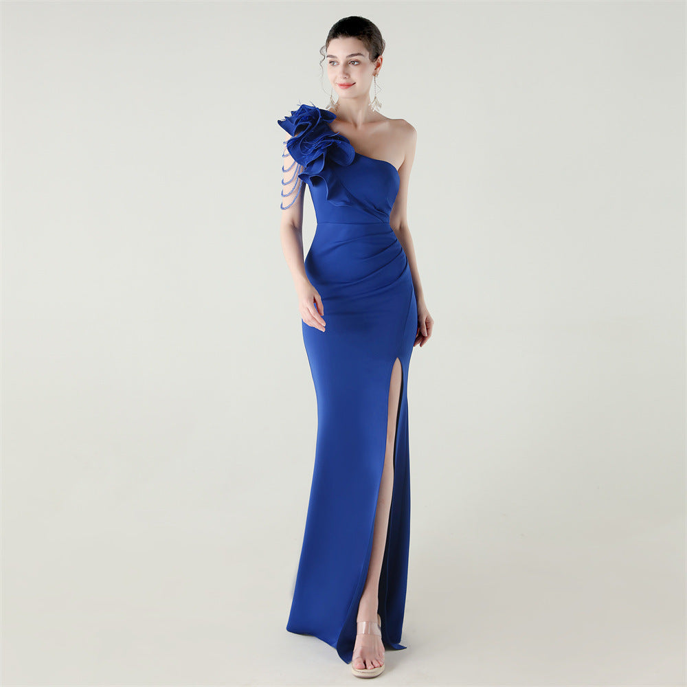 Single Shoulder Craft Beaded Nail Hair Wave Flower Satin High Slit Sexy Evening Dress Evening Cocktail Wedding