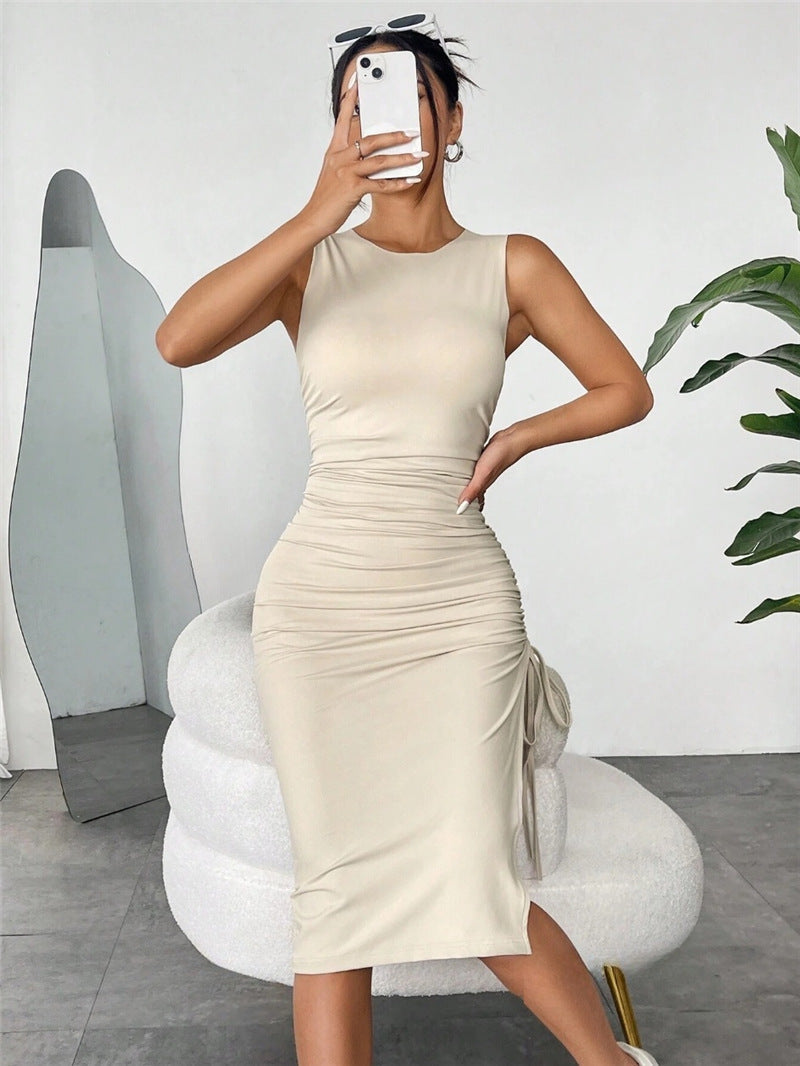 Vest Sleeveless dress Pleated Drawstring Slim Fit Hip Dress Summer