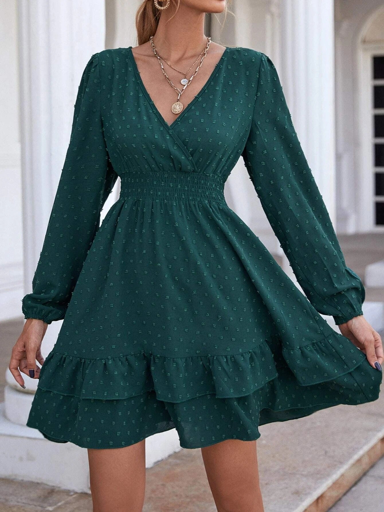 Satin Samar Embossed Cowl Neck Dress Hunter Green