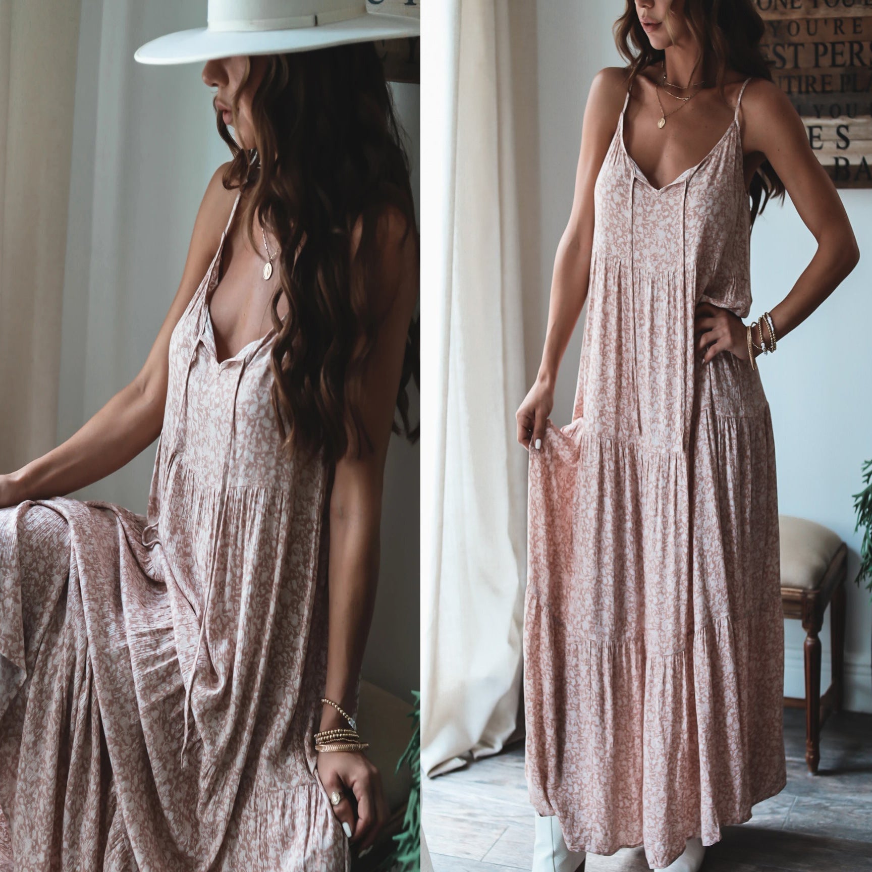 Strap Layered Lace up Maxi Dress Loose Flower