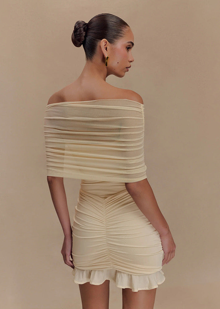 Mesh Off-Shoulder Ruched Mini Dress