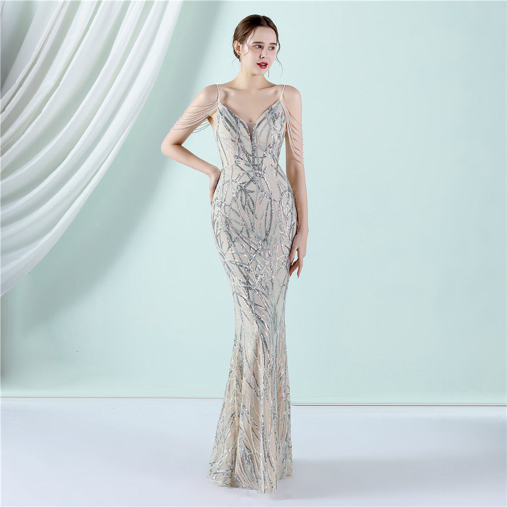 Sling Sequin Toast Dress Bride Extended Appreciation Dinner Slim-Fit Fishtail Wedding Car Model Exhibition Dress