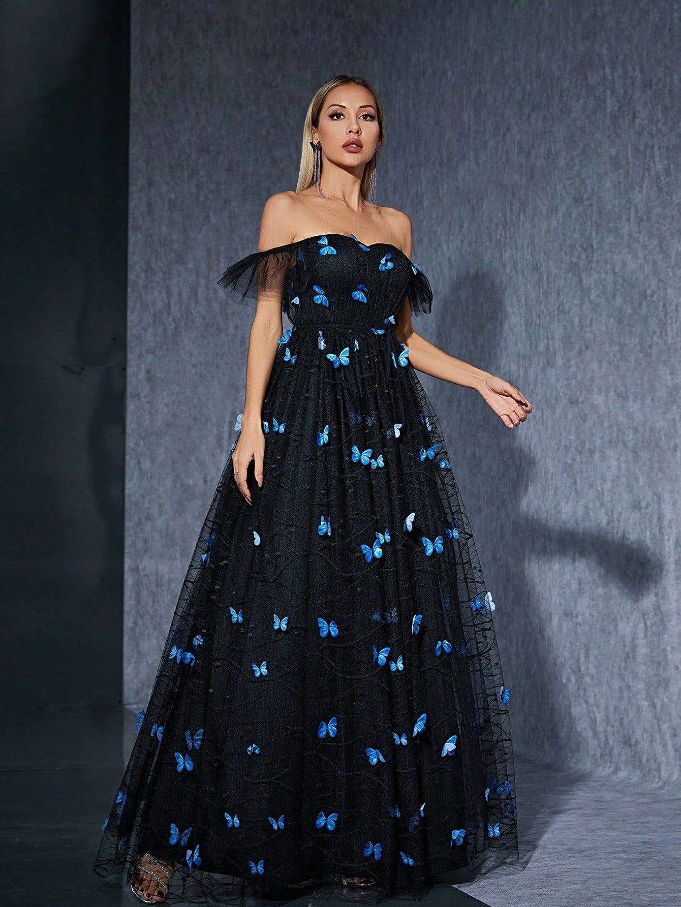 off Black Shoulder Dress Butterfly Embroidered Mesh Niche Cocktail Party Evening Dress