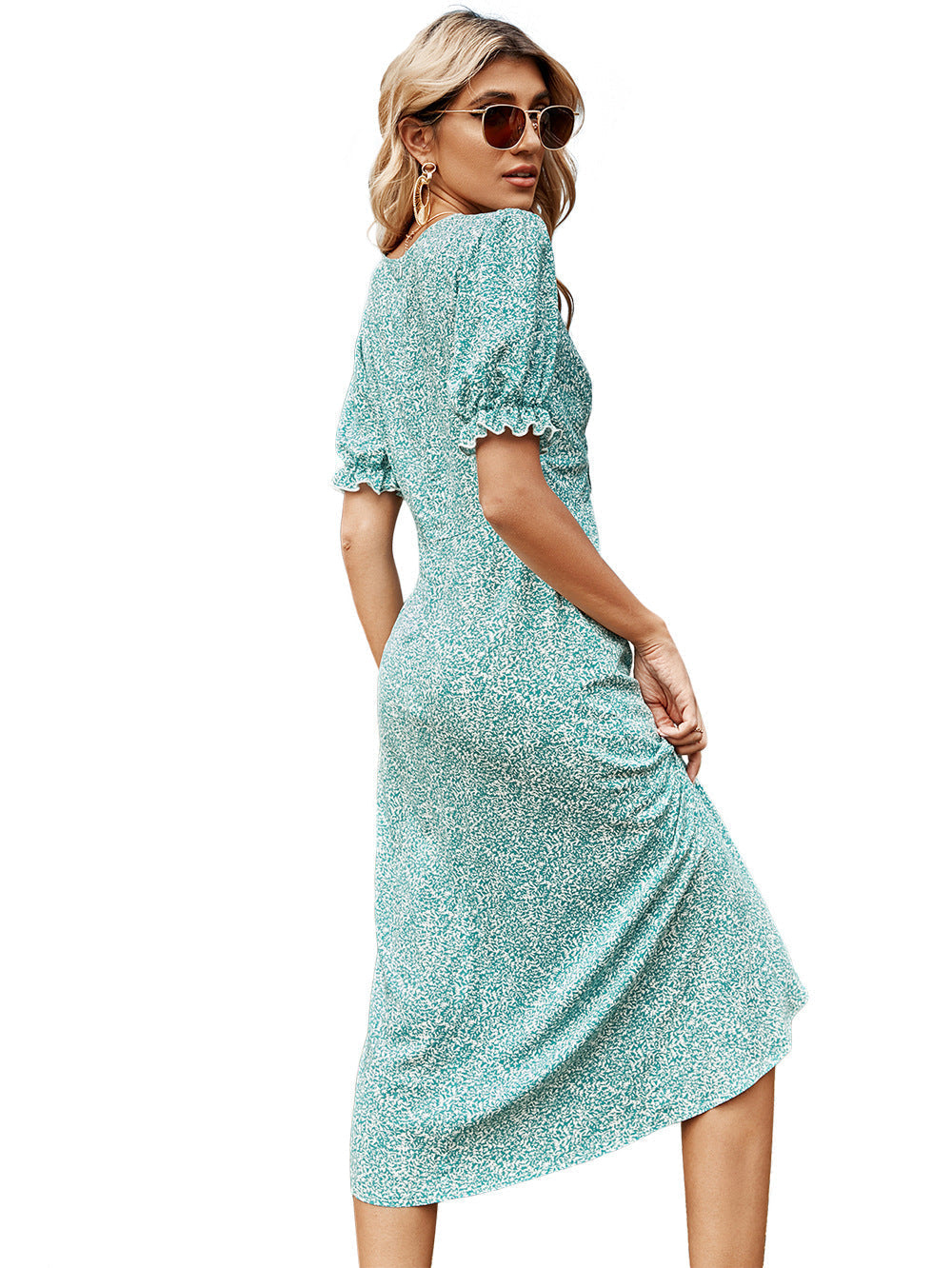 Stroll Vineyard Puff Sleeve Wrap Midi Dress