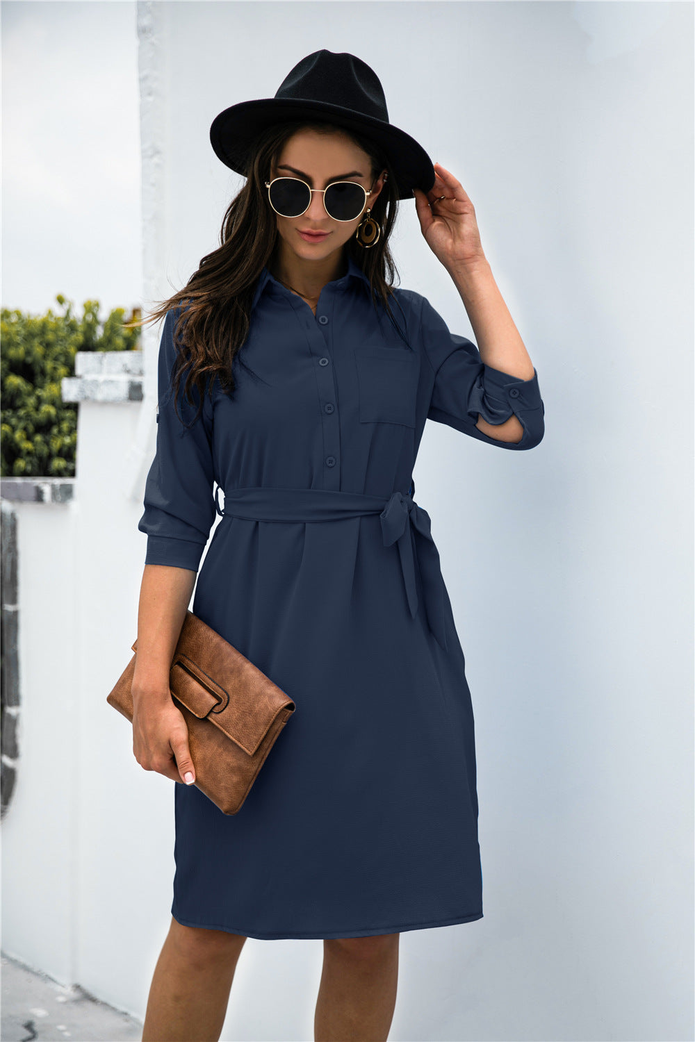 Chic Office Button Down Shirt Dress Navy