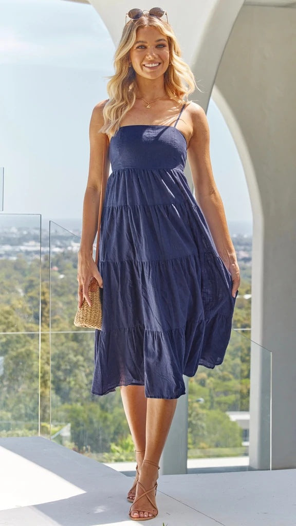 Ruffle Shirley Tiered Midi Dress Navy