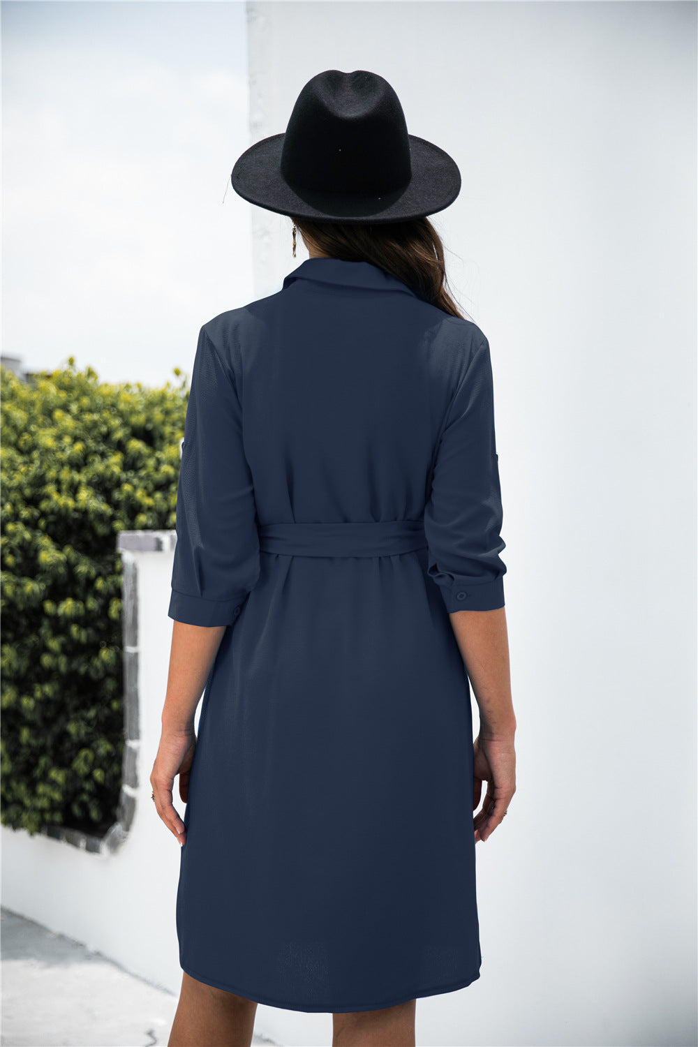 Chic Office Button Down Shirt Dress Navy