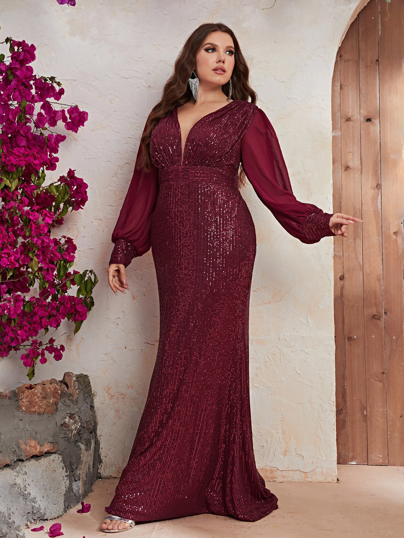 Plus Size Sequin Stylish Dress Sequin Long Sleeve V neck Prom Party Dress Fishtail Dress