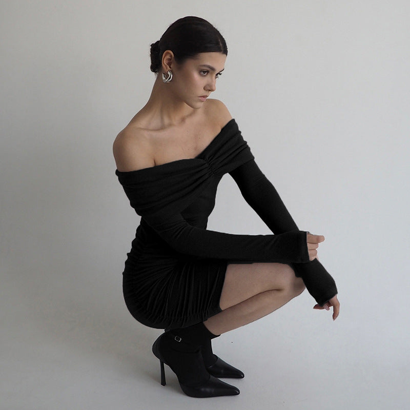 off Pleated the Shoulder Long Sleeve Slim Sheath Short Dress