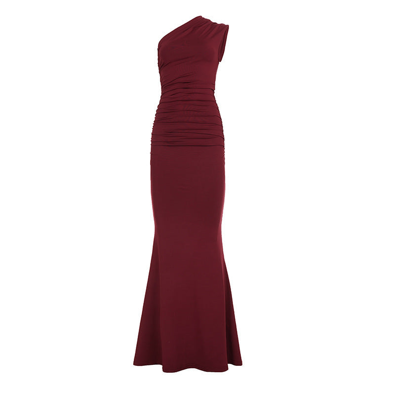 Women Graceful One Shoulder Maxi Dress Solid Color Slim Fit Socialite Cocktail Evening Dress