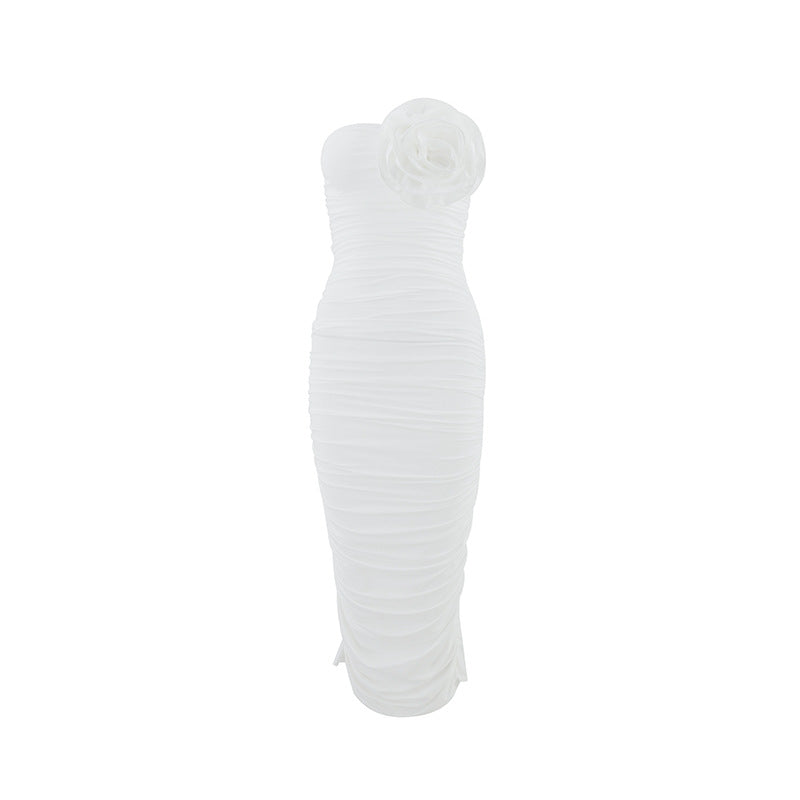 Summer Sexy Bandeau Slim Fit Hip Wrapped Pleated Three Dimensional Flower Midi Dress