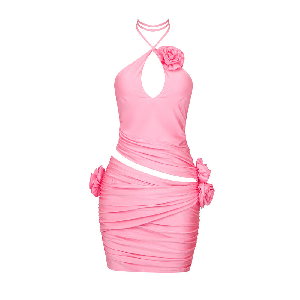 Fall Pink Three Dimensional Botanical Halterneck Dopamine Wear Cutout Dress