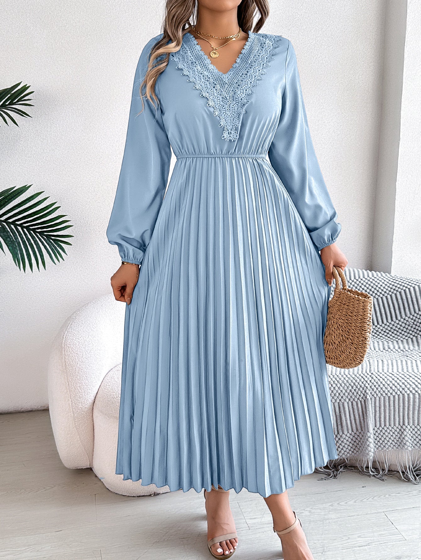 Spring Summer Refined V neck Lace Cinched Pleated Maxi Dress Women Clothing