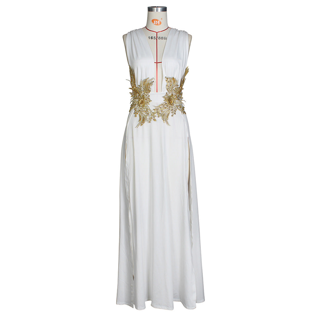 New Ladies Maxi Dress Chic Fashion Wedding Evening Dress Deep V Plunge Plunge High Slit Part Large Swing Mop Dress
