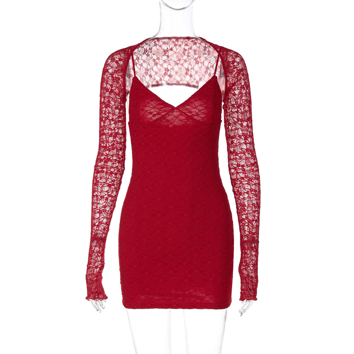 Stitching Lace Suspender Dress Pure Red Slim Fit V neck Socialite Dress