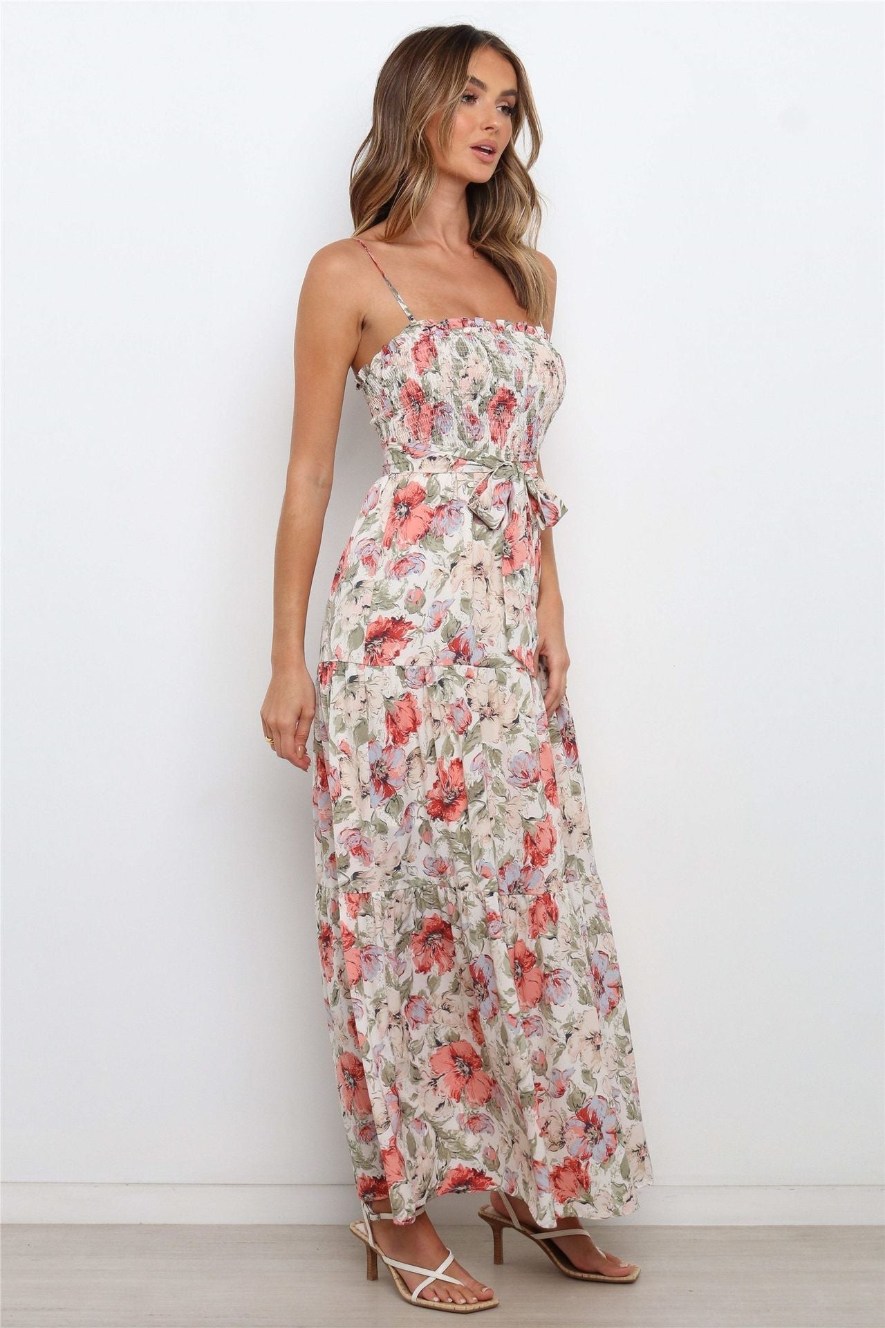 Lilyanne Floral Smocked Tie Strap Maxi Dress Blush Multi
